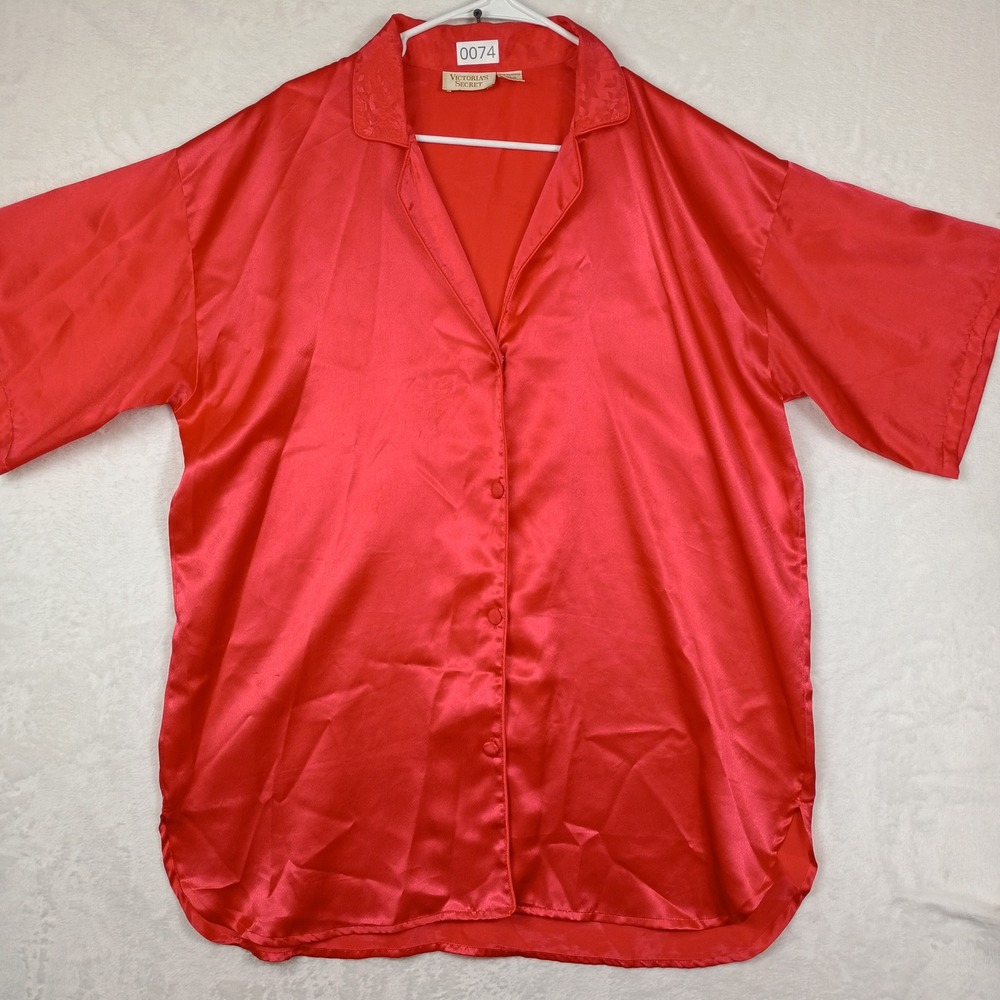 Victorias Secret Gold Label Red Satin Button Down Sleep Shirt Vintage ML